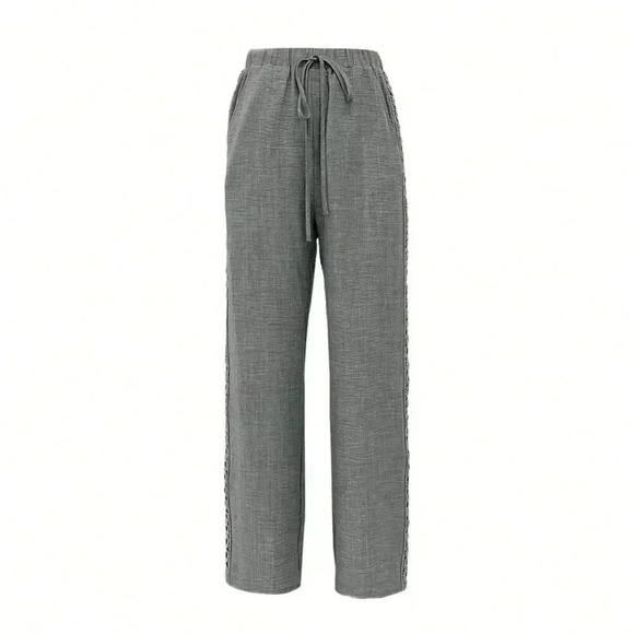 Dark Grey Casual Women's Drawstring Side Splicing Lace Trim Wide Leg Pants - Picture 4 of 4